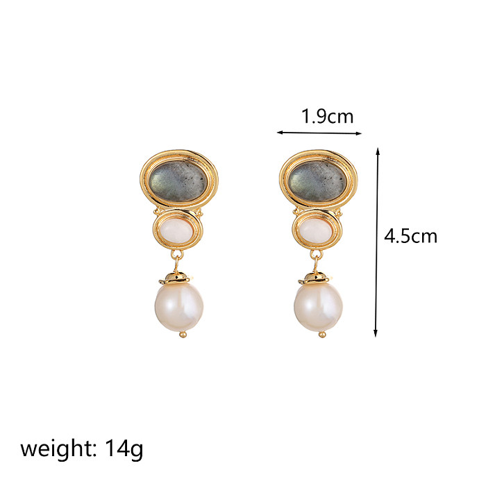 1 Pair Vintage Style Simple Style Oval Plating Inlay Copper Freshwater Pearl 18K Gold Plated Drop Earrings