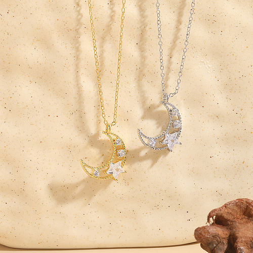 Elegante Stern-Mond-Halskette mit Kupferbeschichtung und Zirkon-Inlay, 14 Karat vergoldet