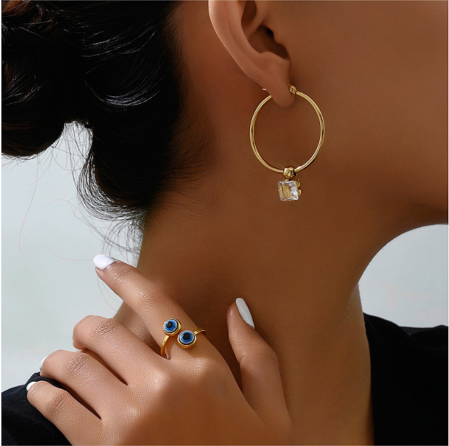 Moda ouro aço inoxidável conciso zircão temperamento feminino anel de orelha conjunto de jóias femininas