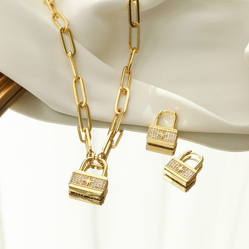 Fashion Copper Micro-inlaid Zircon Lock-shaped Pendent Necklace Earrings Wholesale