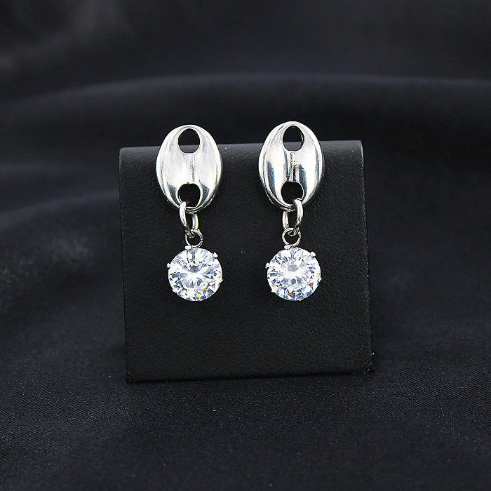 Elegant Oval Stainless Steel Inlay Zircon Earrings Necklace