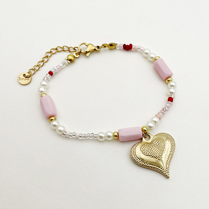 Mignon doux coeur forme acier inoxydable Imitation perle pierre naturelle perlé placage plaqué or Bracelets collier