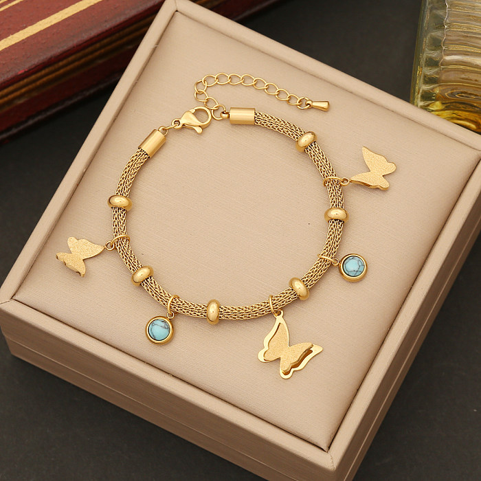 Bohemian Simple Style Animal Butterfly Stainless Steel Plating Hollow Out Inlay Turquoise Bracelets Earrings Necklace