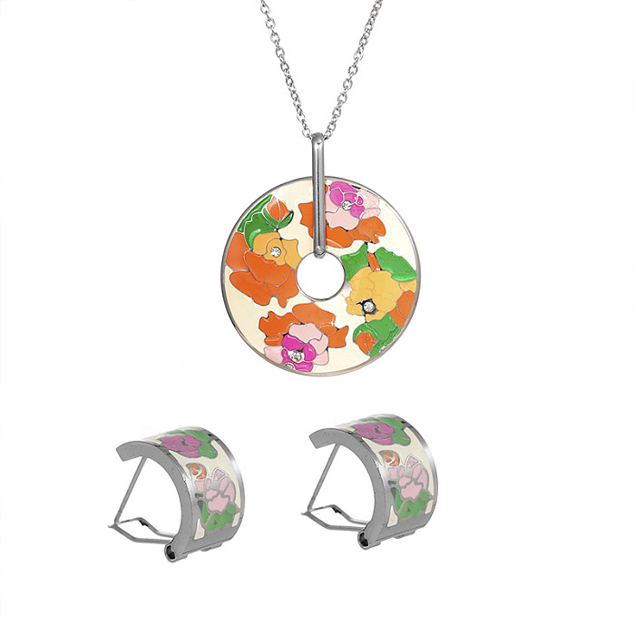 Bohème artistique bloc de couleur fleur en acier inoxydable plaqué émail plaqué or boucles d'oreilles collier