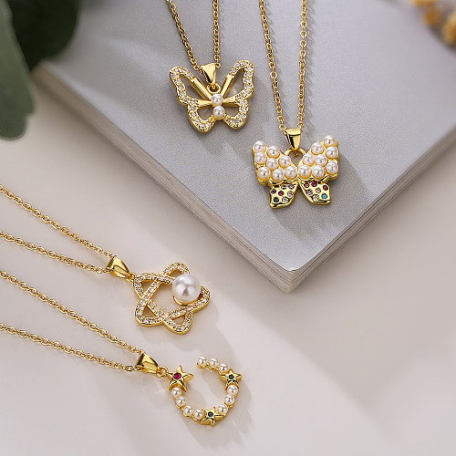Simple Style Commute Pentagram Butterfly Copper Plating Inlay Artificial Pearls Zircon 18K Gold Plated Pendant Necklace