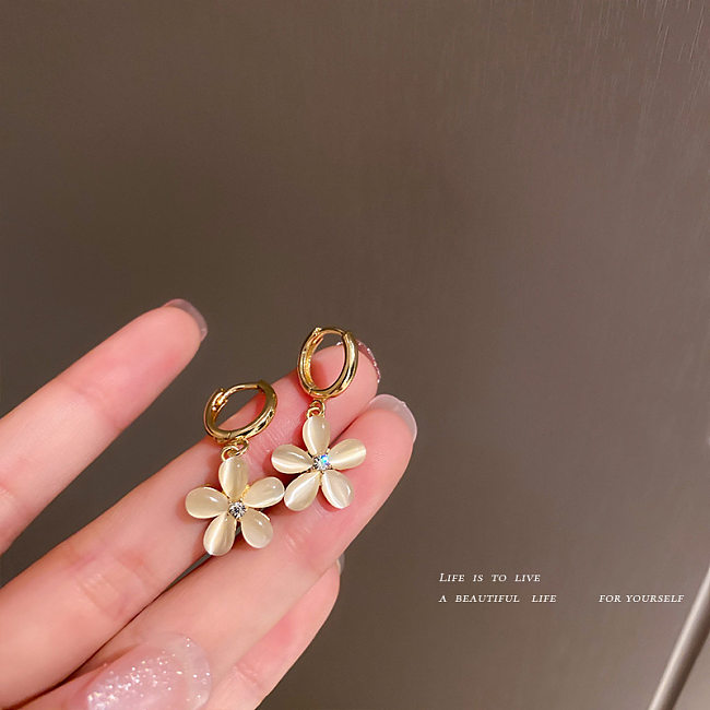 1 Pair Sweet Flower Copper Inlay Rhinestones Opal Drop Earrings