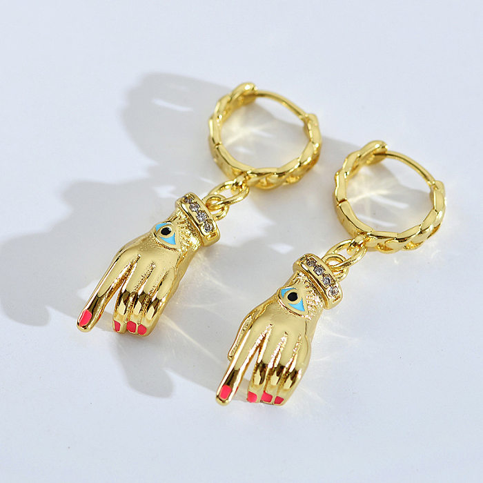 1 paire de boucles d'oreilles pendantes de Style Simple, incrustation de placage de paume en cuivre et diamant plaqué or