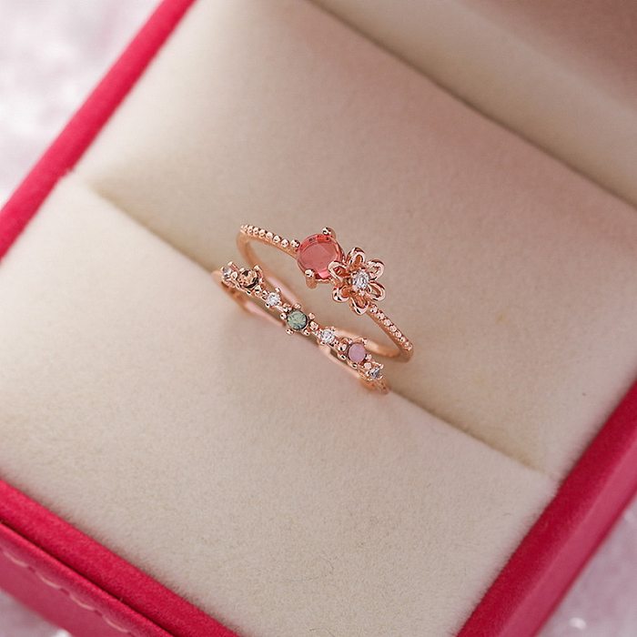 Simple Style Flower Copper Inlay Zircon Rings