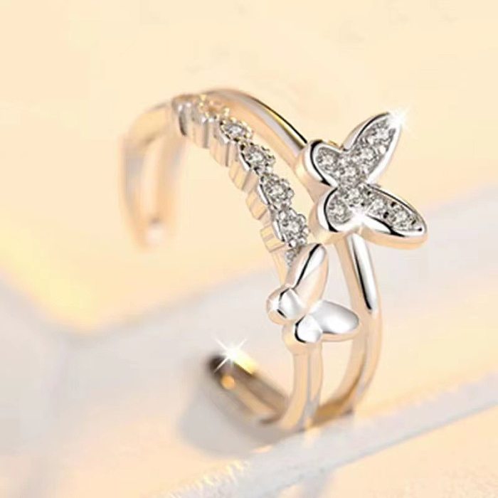 Cute Butterfly Copper Inlay Zircon Open Ring