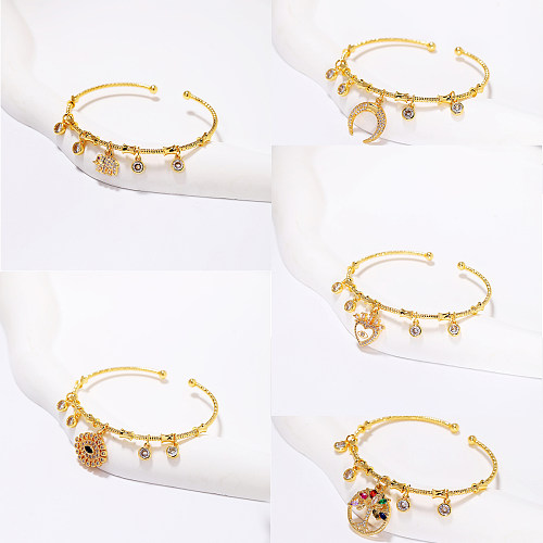 Modern Style Commute Animal Tree Heart Shape Copper Plating Inlay Zircon 18K Gold Plated Bangle