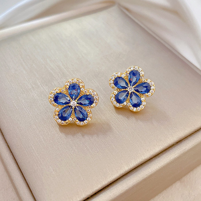 Glam Flower Titanium Steel Copper Inlay Zircon Earrings Necklace