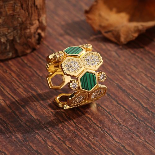 Vintage Style Luxurious French Style Honeycomb Copper Plating Hollow Out Inlay Zircon 18K Gold Plated Open Rings