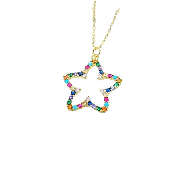 Modern Style Star Flower Copper Plating Inlay Zircon 18K Gold Plated Pendant Necklace