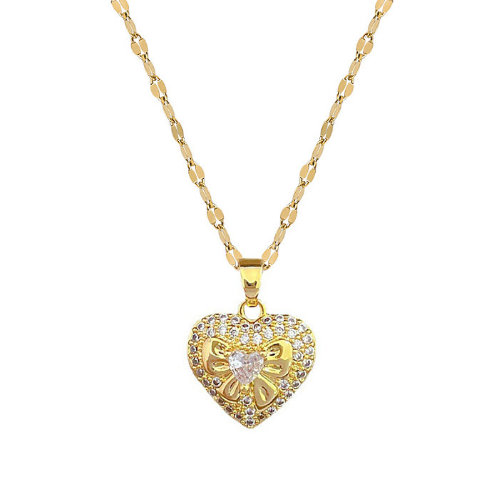 Sweet Heart Shape Titanium Steel Copper Inlay Zircon Pendant Necklace