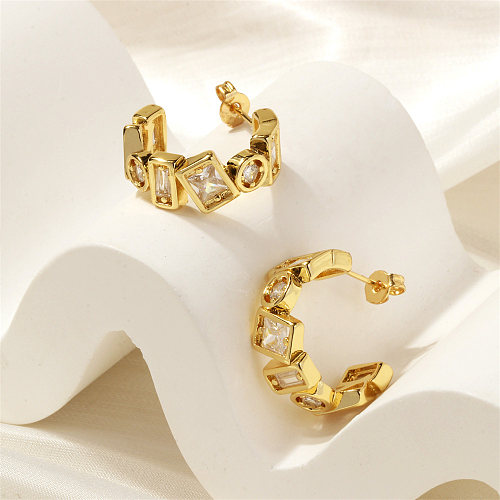 1 paire de boucles d'oreilles pendantes, Style rétro Simple, incrustation de couleur unie, cuivre Zircon plaqué or 18 carats