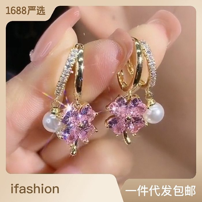 1 Pair Sweet Flower Inlay Artificial Pearl Copper Artificial Crystal Drop Earrings