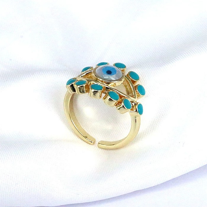 Offener Ring im Hip-Hop-Vintage-Stil, einfacher Stil, Auge, Kupfer, ausgehöhltes Inlay, Muschel, vergoldet