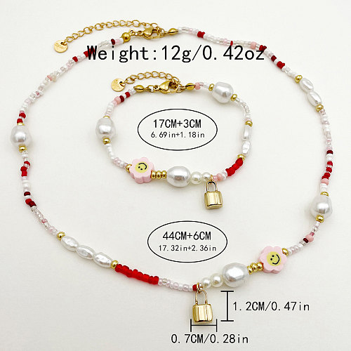 Cute Pastoral Smiley Face Flower Lock Stainless Steel Beaded Imitation Pearl Plating Gold Plated Bracelets Necklace