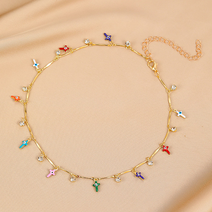Lässige, schlichte Halskette mit Kreuzauge und Schmetterling, Kupfer-Emaille-Beschichtung, Inlay, Zirkon, vergoldet