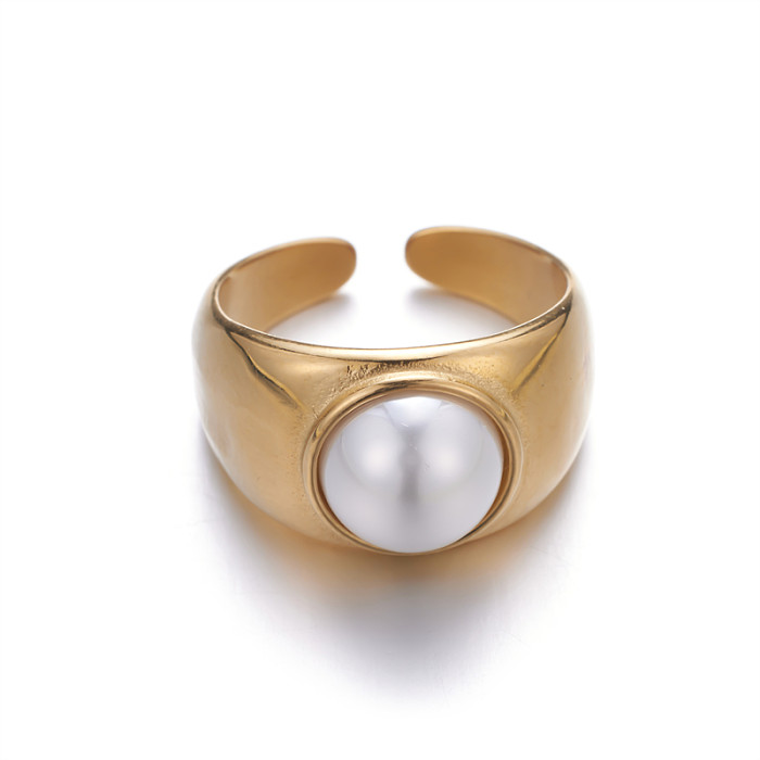 Vintage Style Round Stainless Steel Inlay Pearl Open Rings