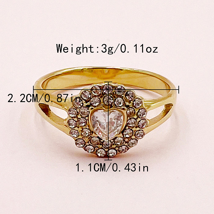 Glam Classical Lady Heart Shape Stainless Steel Plating Inlay Rhinestones Zircon Gold Plated Rings