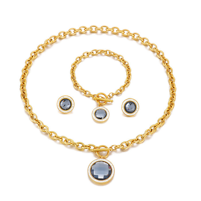 Fashion Inlay Rhinestone Glass Stone Stainless Steel Necklace Bracelet Ear Studs Three-Piece Set