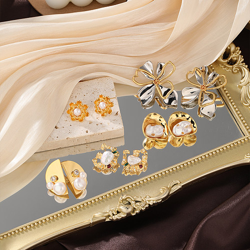 1 paire de clous d'oreilles plaqués or 14 carats, Style classique, incrustation de placage d'émail de fleur en cuivre Zircon plaqué or 18 carats
