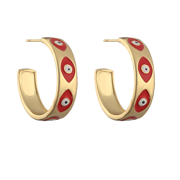 1 paire de boucles d'oreilles rondes en émail, Style Simple, Style classique, œil du diable, incrustation de cuivre et de Zircon plaqué or