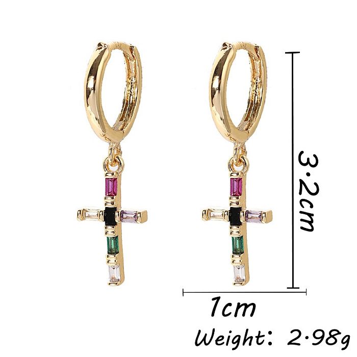 1 Pair Retro Cross Inlay Copper Zircon Drop Earrings