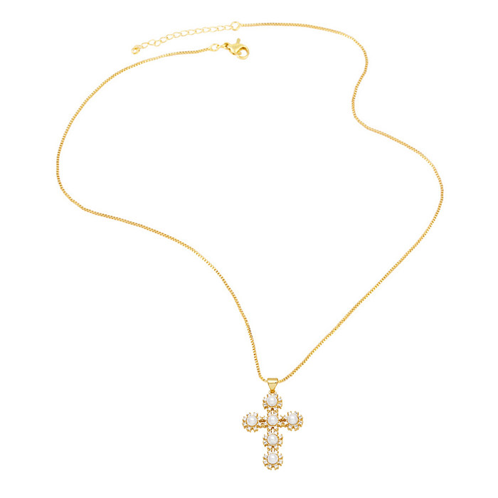 IG Style Vintage Style Fashion Cross Copper Plating Inlay Pearl Zircon 18K Gold Plated Necklace