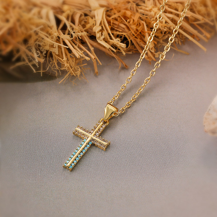 Einfache, klassische Kreuz-Kupfer-Inlay-Zirkon-Anhänger-Halskette mit 18-Karat-Vergoldung