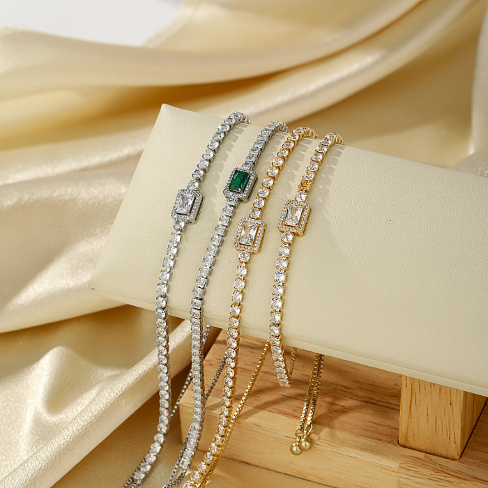 Glam Shiny Rectangle Copper Plating Inlay Zircon 14K Gold Plated Bracelets Necklace