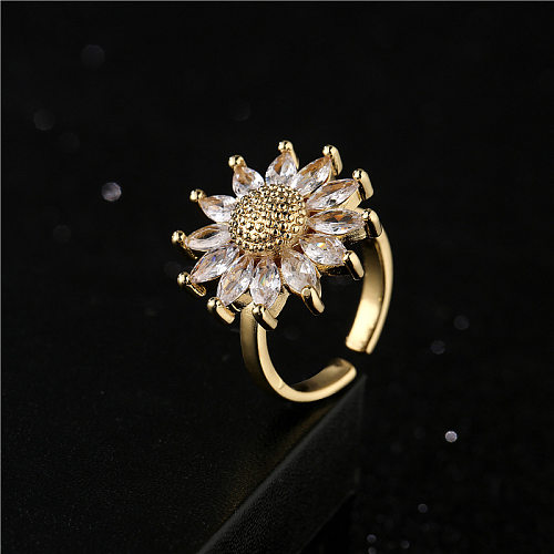 Aogu cross-border nova moda europeia e americana girassol aberto anel feminino chapeamento de cobre 18k anel banhado a ouro