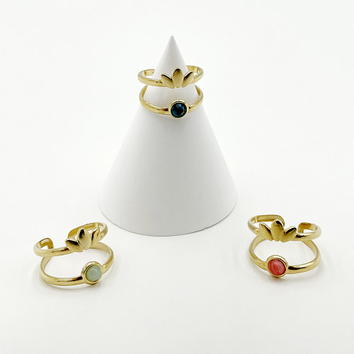Eleganter, luxuriöser offener Ring mit runder Krone, Edelstahl, Natursteinbeschichtung, künstlichen Edelsteinen, vergoldet
