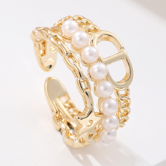 Elegant Streetwear Geometric Copper Inlay Artificial Pearls Open Rings