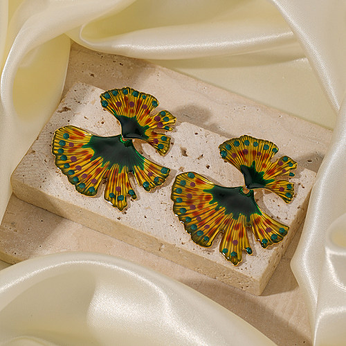 1 par de folhas de férias havaianas ginkgo pintadas com revestimento esmaltado cobre 18K brincos banhados a ouro