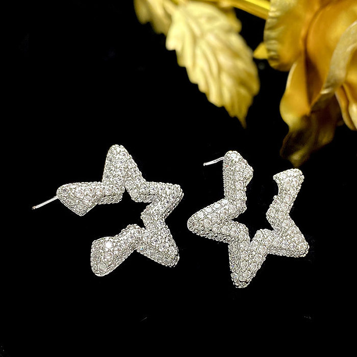 1 paire de clous d'oreilles en cuivre et Zircon, Style Simple, incrustation d'étoiles