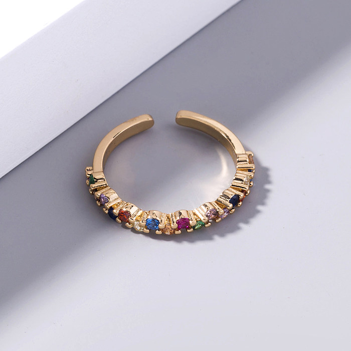 Anel de cobre ajustável das senhoras da abertura do zircão do arco-íris do estilo simples