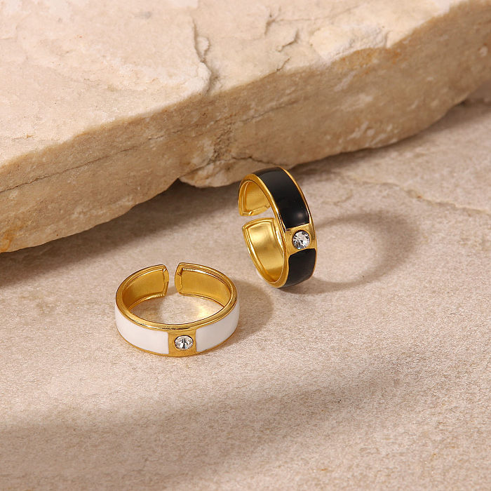 Fashion Simple 18K Gold Stainless Steel Inlaid Zircon Black/White Open Ring