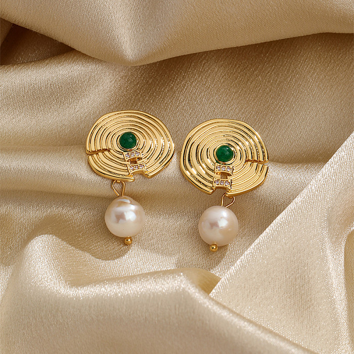 1 paire de boucles d'oreilles pendantes plaquées or 18 carats, Style classique rétro, incrustation de perles d'eau douce, résine de cuivre et Zircon