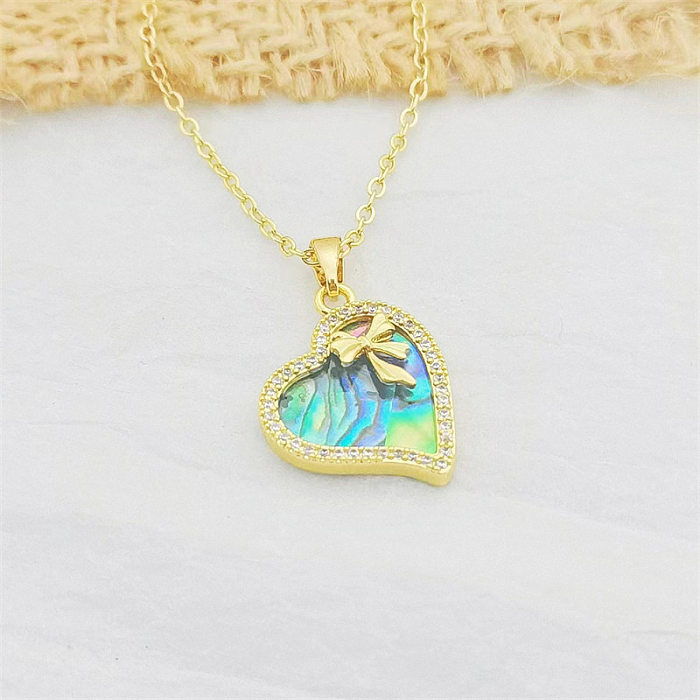 Sweet Heart Shape Flower Bow Knot Copper Plating Inlay Artificial Pearls Shell Zircon 18K Gold Plated Pendant Necklace
