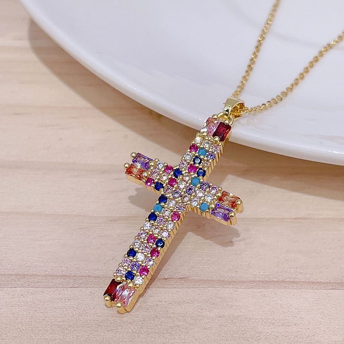 Streetwear Cross Copper Plating Inlay Zircon Pendant Necklace Sweater Chain
