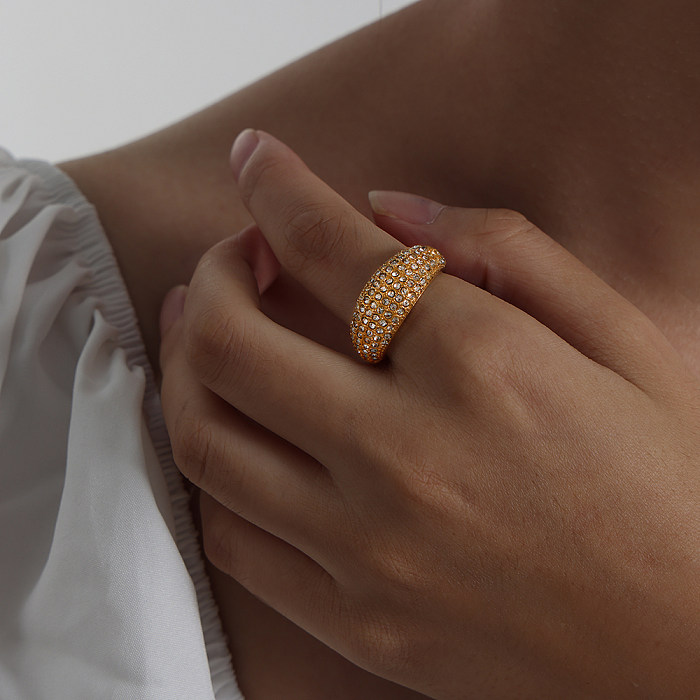 Luxuoso e brilhante geométrico titânio chapeamento de aço strass anéis banhados a ouro 18K