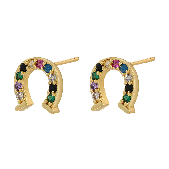 1 Pair Shiny Horseshoe Copper Plating Inlay Zircon 18K Gold Plated Ear Studs