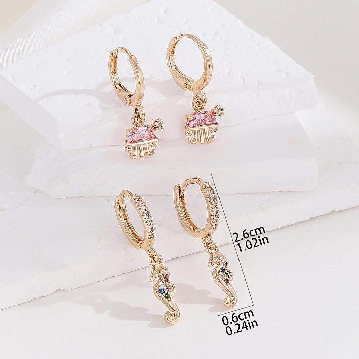 2 Pairs Simple Style Hippocampus Plating Inlay Copper Zircon Gold Plated Drop Earrings