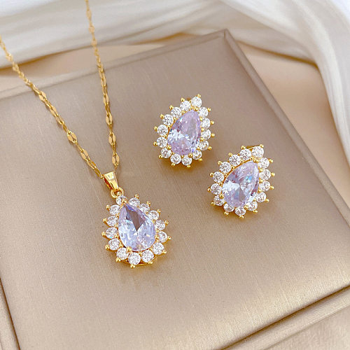 Simple Style Shiny Water Droplets Titanium Steel Copper Plating Inlay Zircon Earrings Necklace
