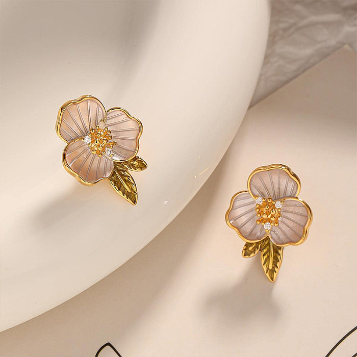 1 par de brincos elegantes para orelha com zircônia de cobre e flor incrustada