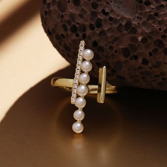 Elegant Lady Geometric Copper Inlay Pearl Zircon Open Rings