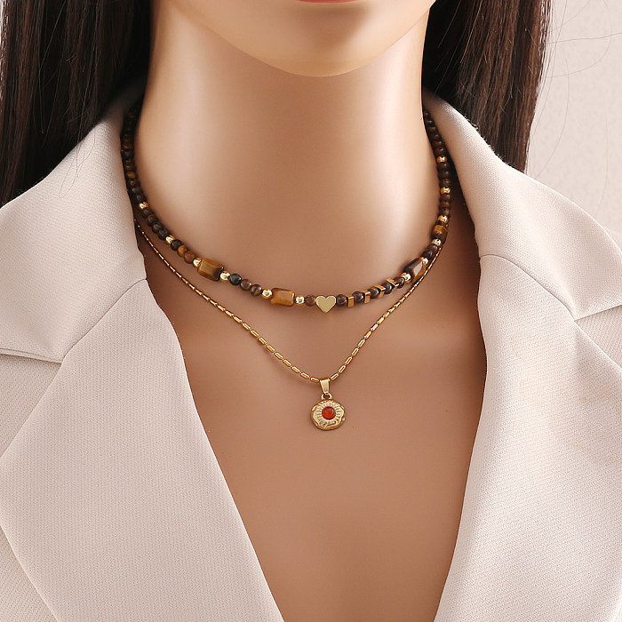 Collier rétro en forme de cœur en acier inoxydable, œil de tigre, perles en cuivre, bracelets, boucles d'oreilles et collier