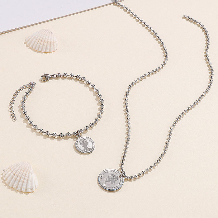 Collier de perles rondes en acier inoxydable, Bracelet, Portrait d'elizabeth, costume rétro